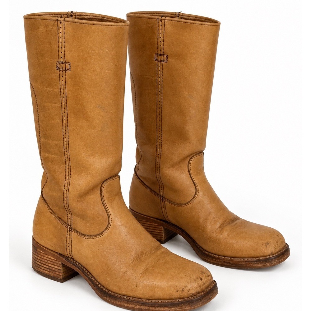 Vintage Tan Banana Leather Cowboy Boots 9.5 D Chunky Heel Campus Ranch Wmn 11W